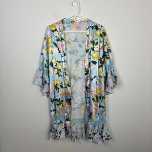 Victoria's Secret Kimono Robe Women's M/L Lemon Floral Lace Ruffle Sleeve